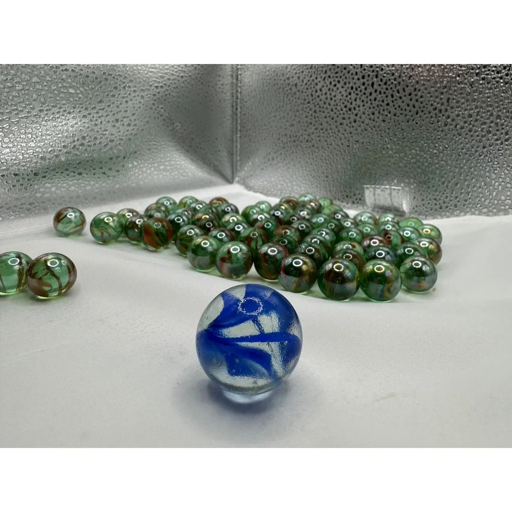 Vintage Glass‎ Marbles Lot 73 Green Swirl + Blue Shooter Mixed Sizes